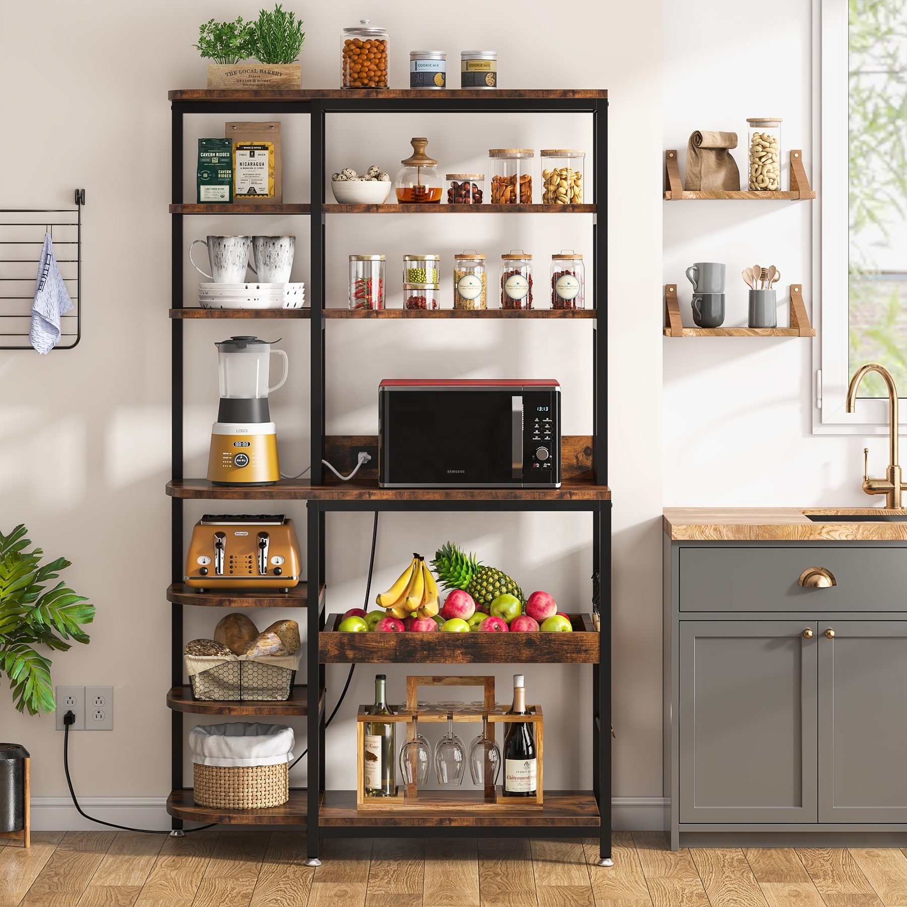 Industrial Microwave Oven Stand Kitchen Bakers Rack with Hutch Shelves drawers for Kitchens Utility Storage