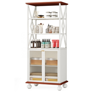 Tall Kitchen Storage Cabinet with Acrylic Doors and Adjustable Shelves with Solid Wood Legs for Bowl Spices Dishes