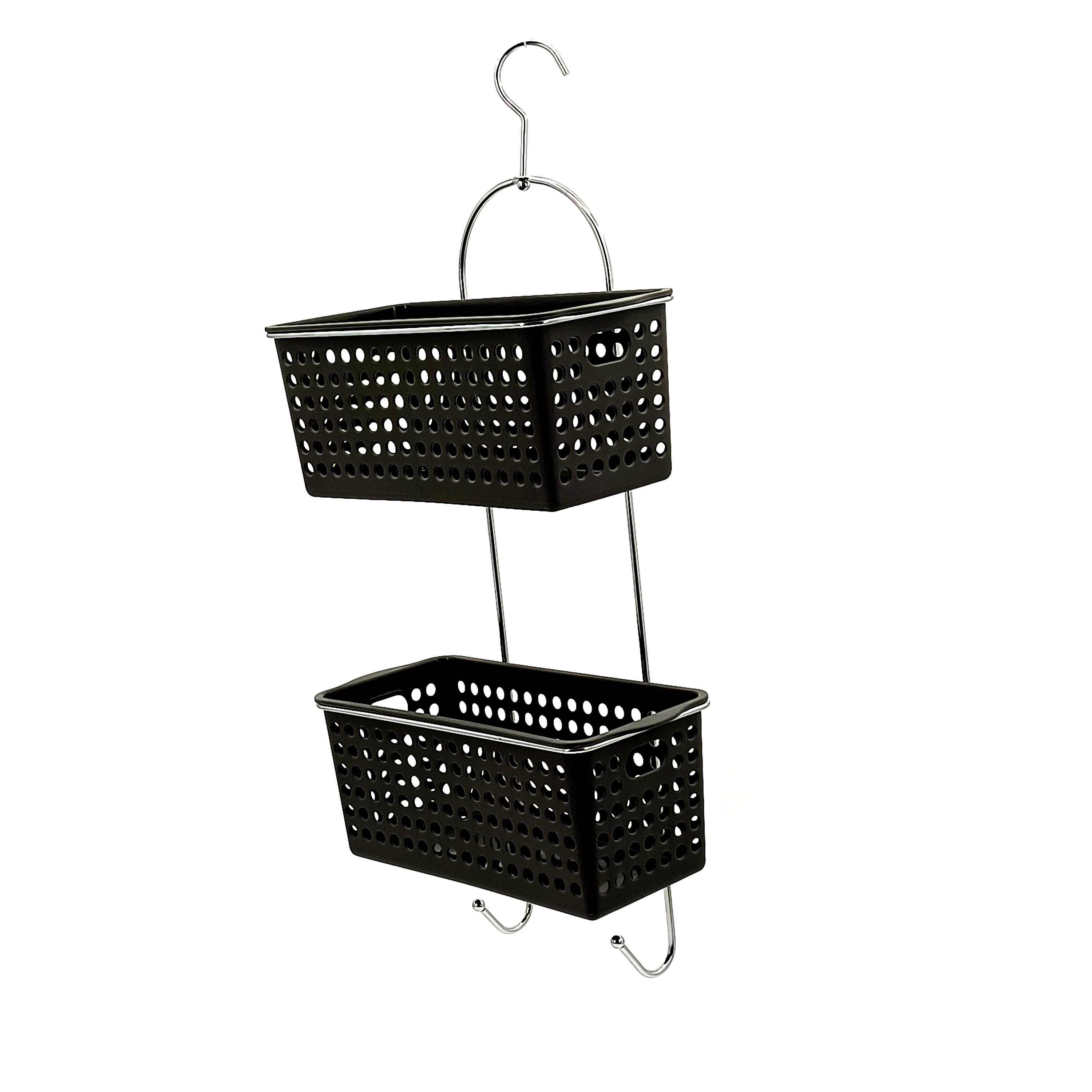 Black 2 Tiers Adhesive Bathroom Shower Shampoo Rack Shower Caddy Hanging Storage Organizer With 2 Hooks For Towel