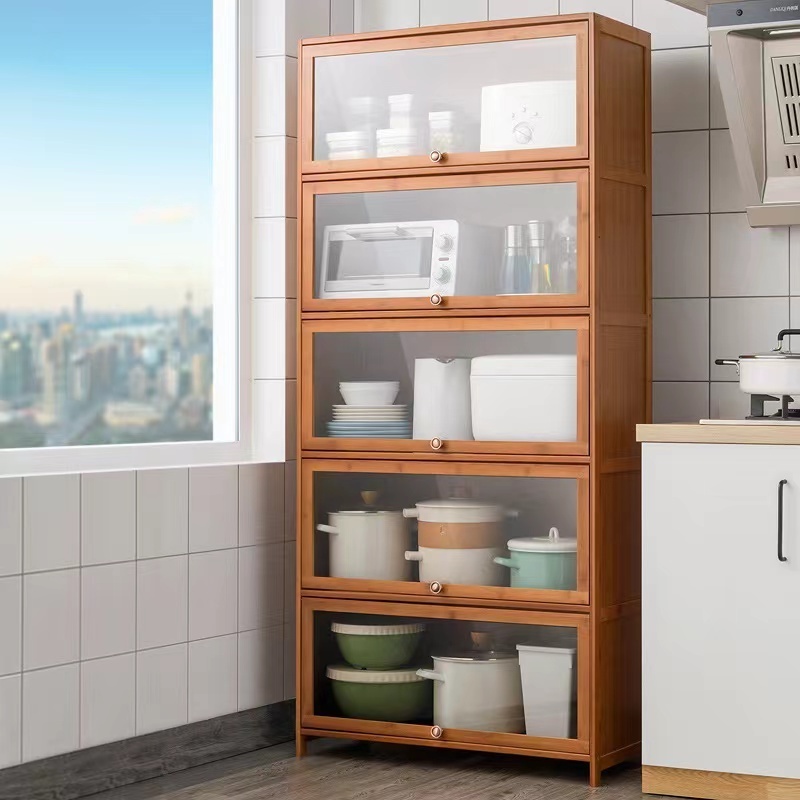 Natural Bamboo Kitchen Floor Cabinets for Tableware Wine Food Rice Cooker Microwave Oven Wooden Storage Shelf