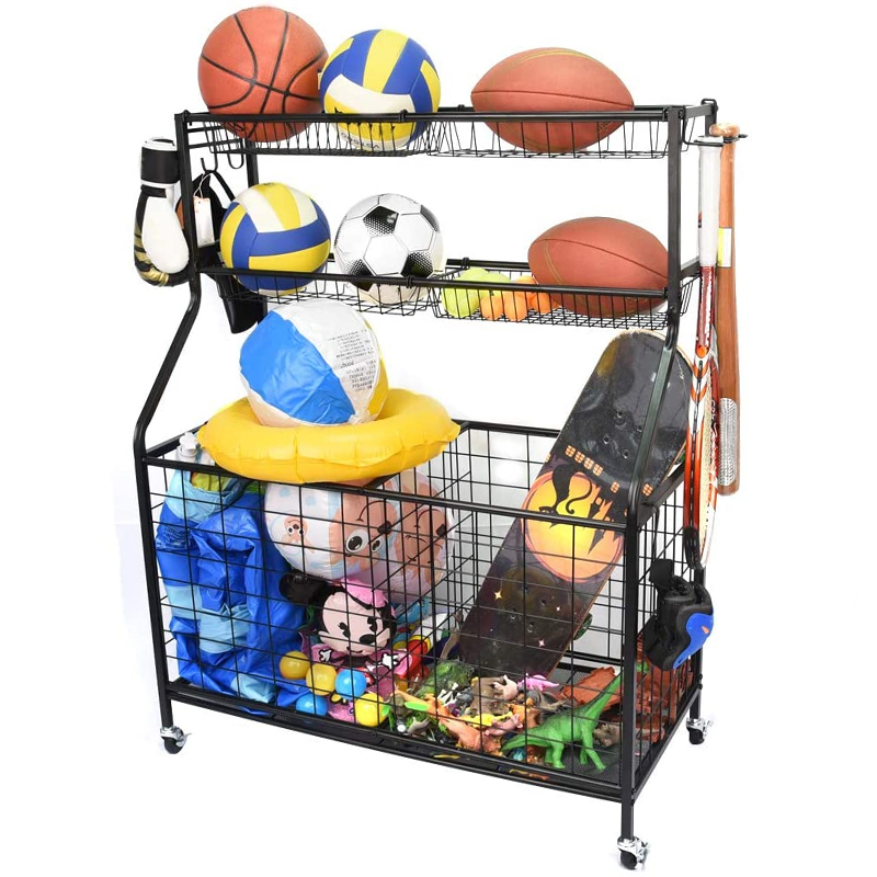 Garage Sports Equipment Organizer Storage Rolling Basketball Display Racks with Baskets and Hooks