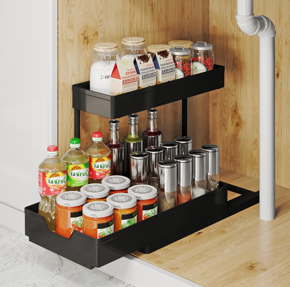 kitchen bathroom basket plastic storage rack 2 tier pack under sink organizer cabinet drawer shelf seasoning pull out spice rack