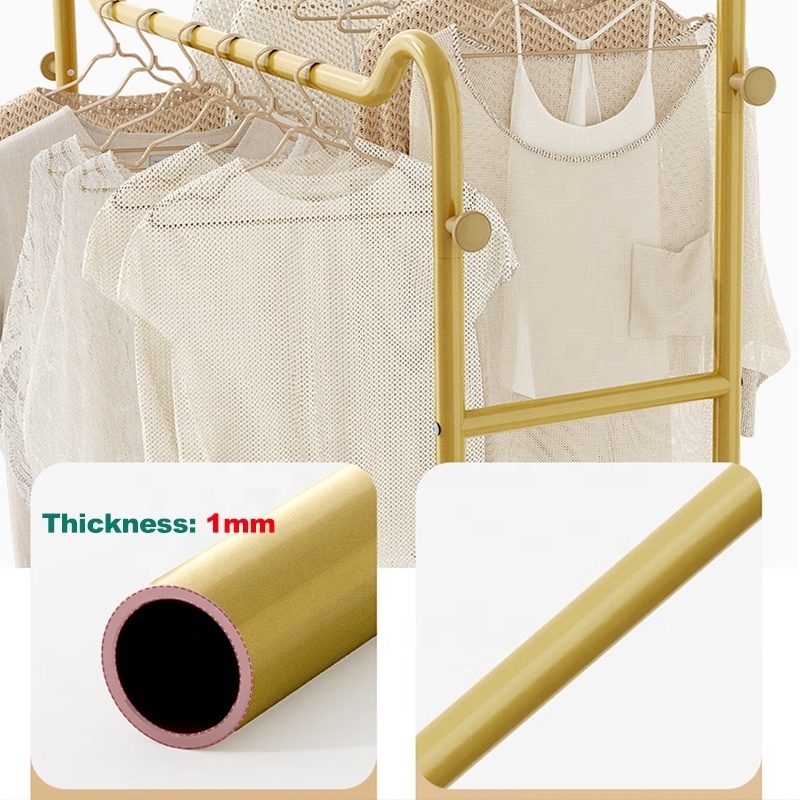 Golden Simple Garment Stand Clothes Rack Clothing Rack with Mesh Storage Shelf on Wheels