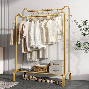 Golden Simple Garment Stand Clothes Rack Clothing Rack with Mesh Storage Shelf on Wheels