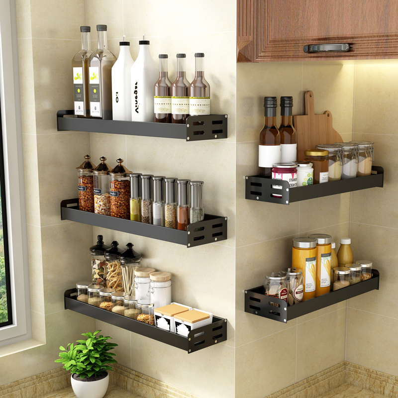 Customized Metal Black Hanging Spice Rack Wall Mount Over Stove Spice Organizer Shelf Rack For Kitchen Wall Rack