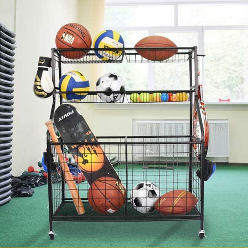 Garage Sports Equipment Organizer Storage Rolling Basketball Display Racks with Baskets and Hooks