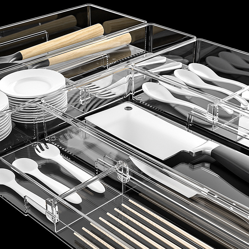 Transparent plastic drawer tray cutlery storage organizer and dispenser for kitchen drawer