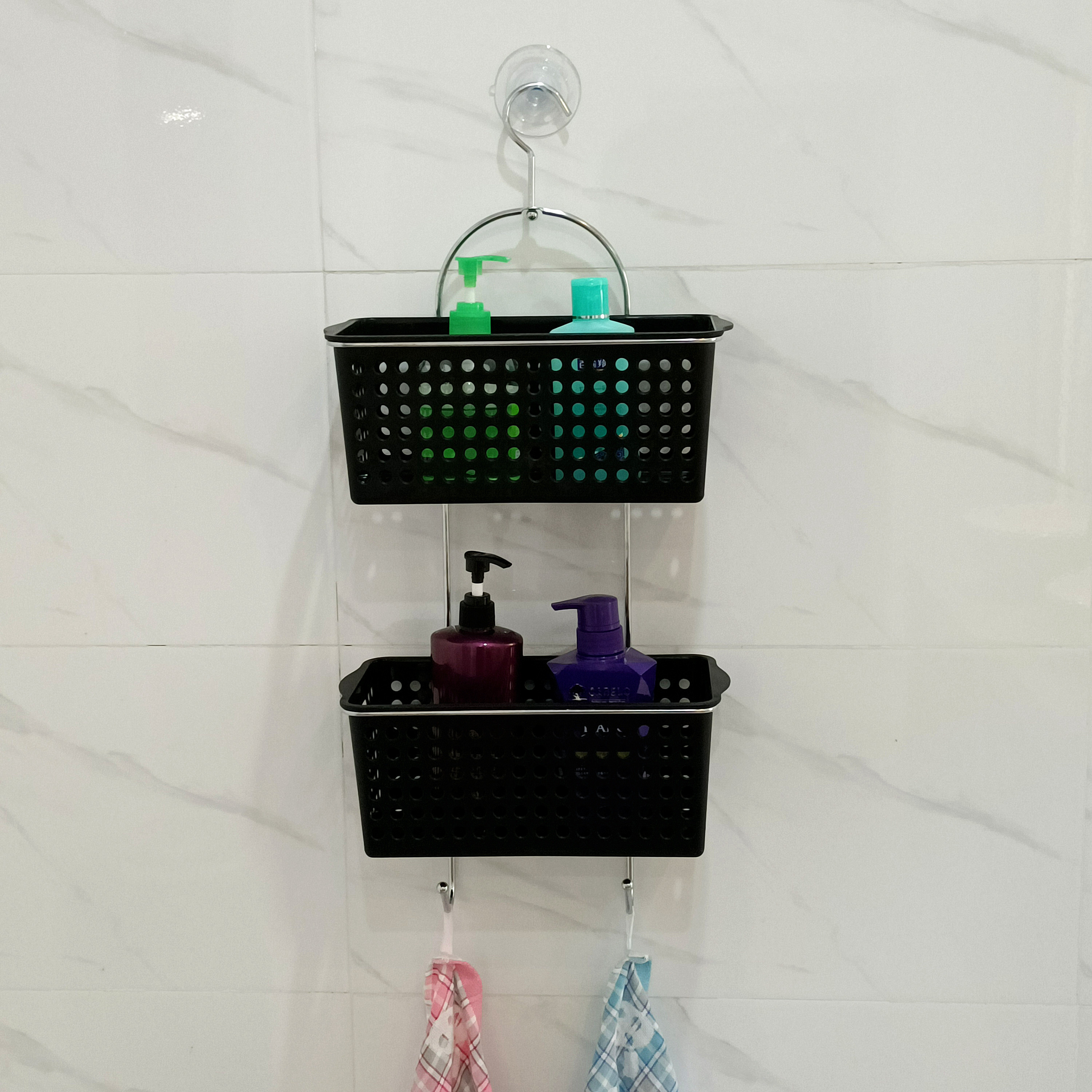 Black 2 Tiers Adhesive Bathroom Shower Shampoo Rack Shower Caddy Hanging Storage Organizer With 2 Hooks For Towel