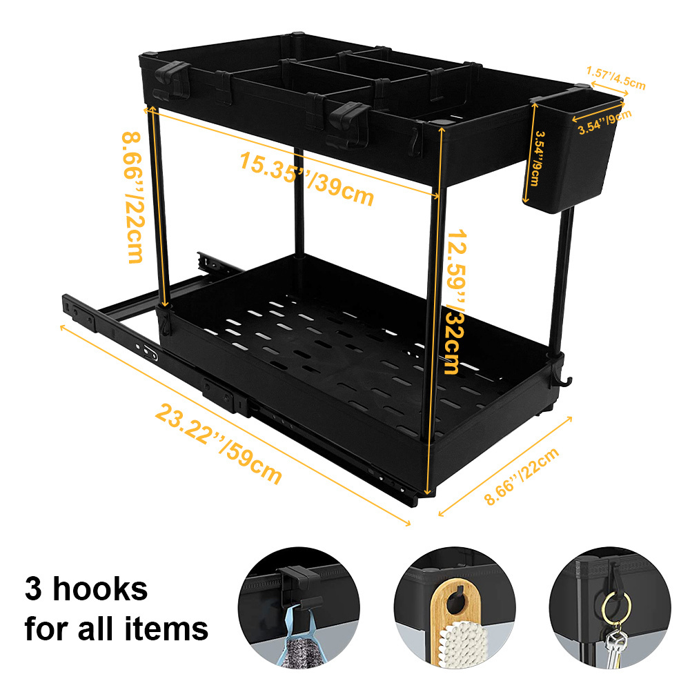 2-Tier Sliding Organizer Drawer Multi-Purpose Under Sink Organizer for Bathroom Kitchen with Hook, Bottom Sliding Basket, Handle