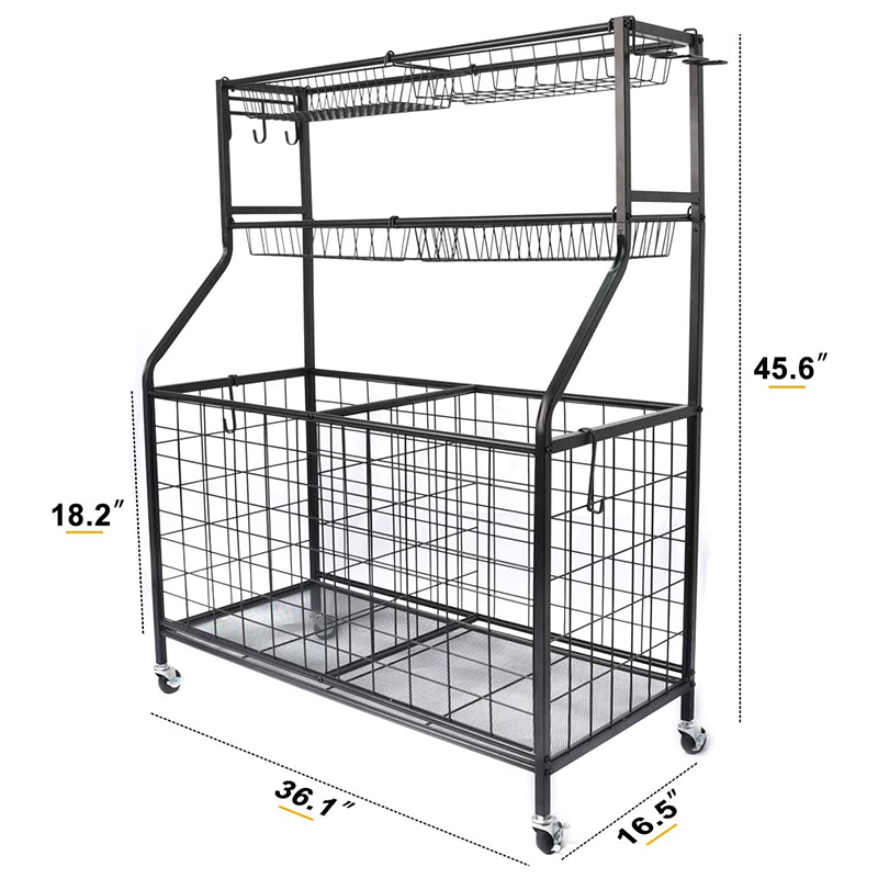 Garage Sports Equipment Organizer Storage Rolling Basketball Display Racks with Baskets and Hooks