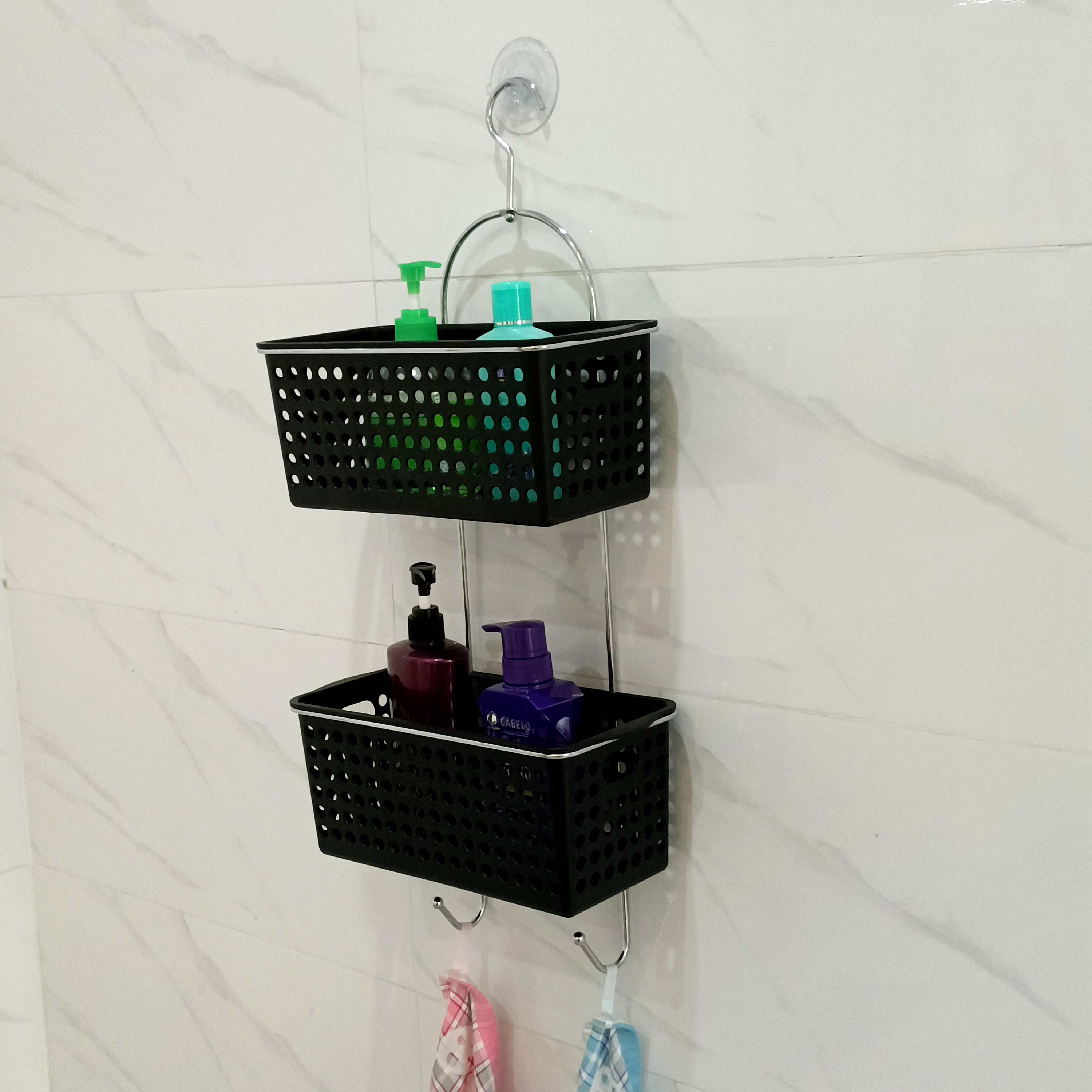 Black 2 Tiers Adhesive Bathroom Shower Shampoo Rack Shower Caddy Hanging Storage Organizer With 2 Hooks For Towel