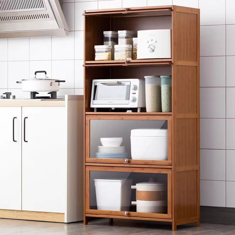 Natural Bamboo Kitchen Floor Cabinets for Tableware Wine Food Rice Cooker Microwave Oven Wooden Storage Shelf