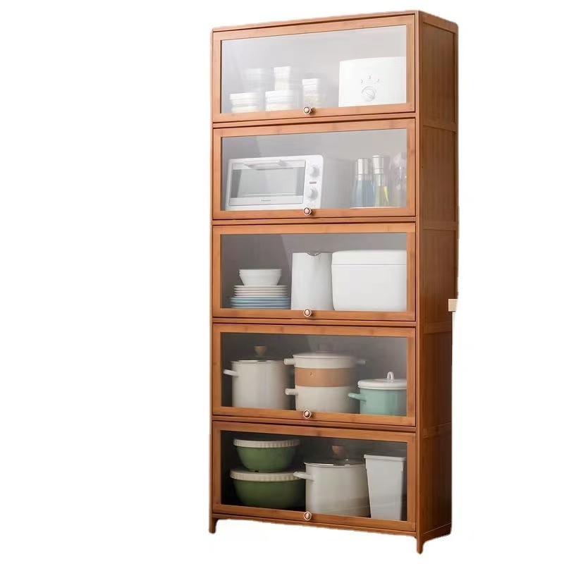 Natural Bamboo Kitchen Floor Cabinets for Tableware Wine Food Rice Cooker Microwave Oven Wooden Storage Shelf