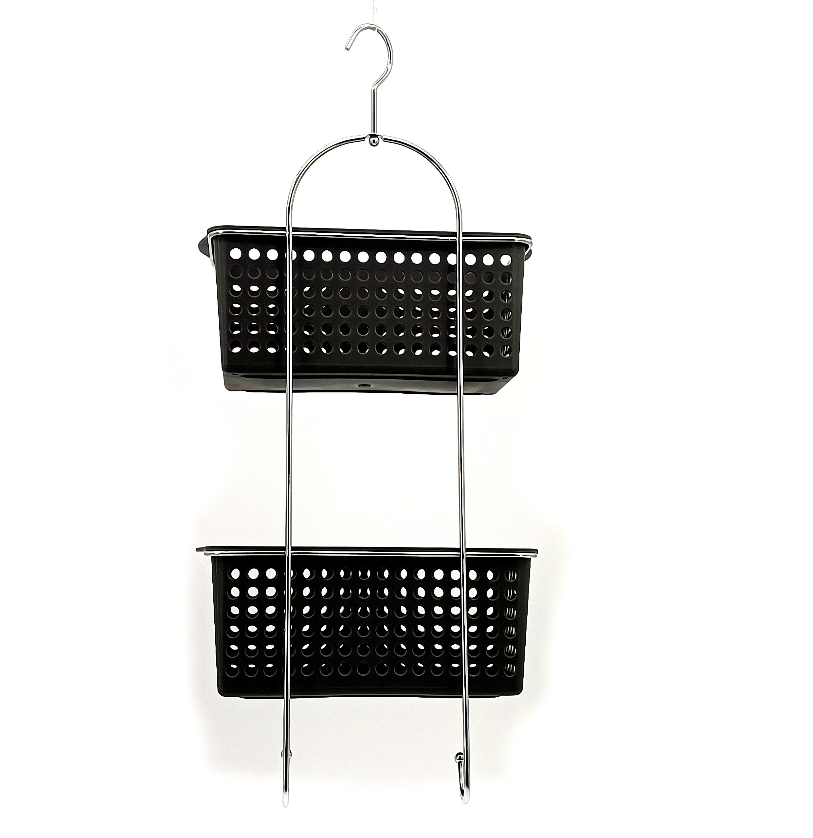 Black 2 Tiers Adhesive Bathroom Shower Shampoo Rack Shower Caddy Hanging Storage Organizer With 2 Hooks For Towel