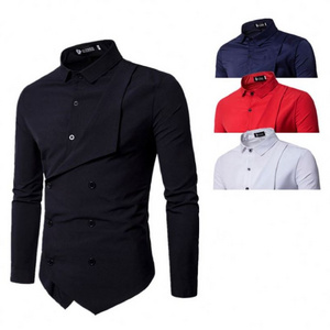 Wholesale Men New Arrival Court Style Double-breasted Shirt Long Sleeve Lapel Collar Button Solid Color Casual Shirt