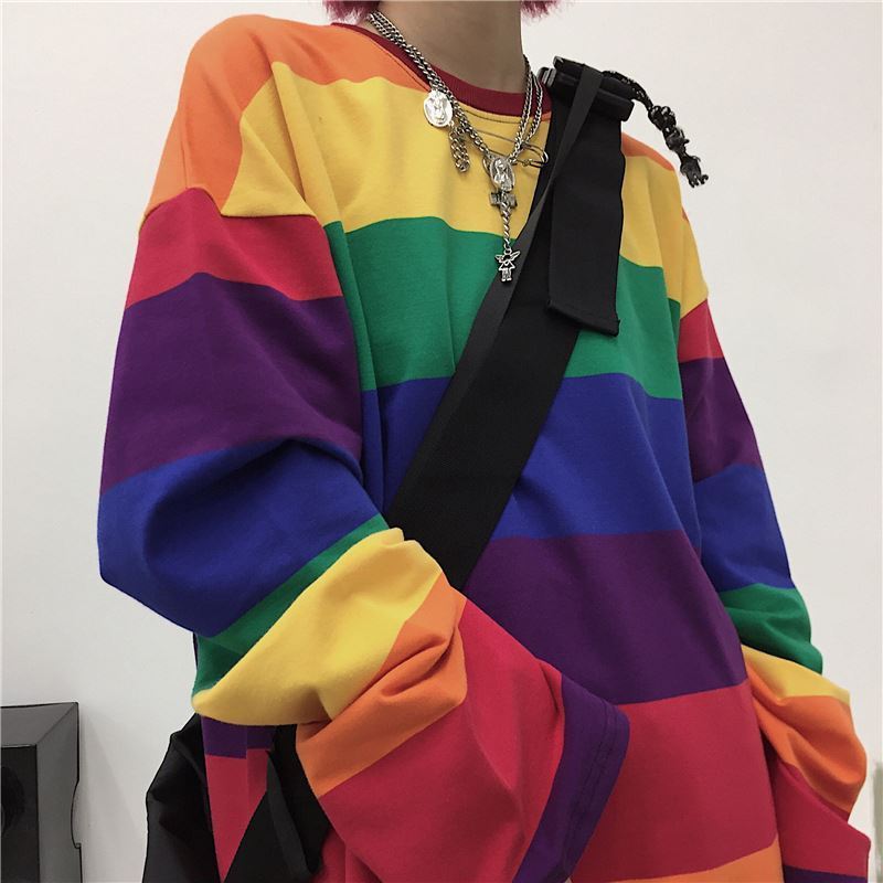 New Asian Korean Design Women Rainbow Stripe Printed Long Sleeve O-neck Loose T-shirt Blouse Tops Pullover Casual T-shirt