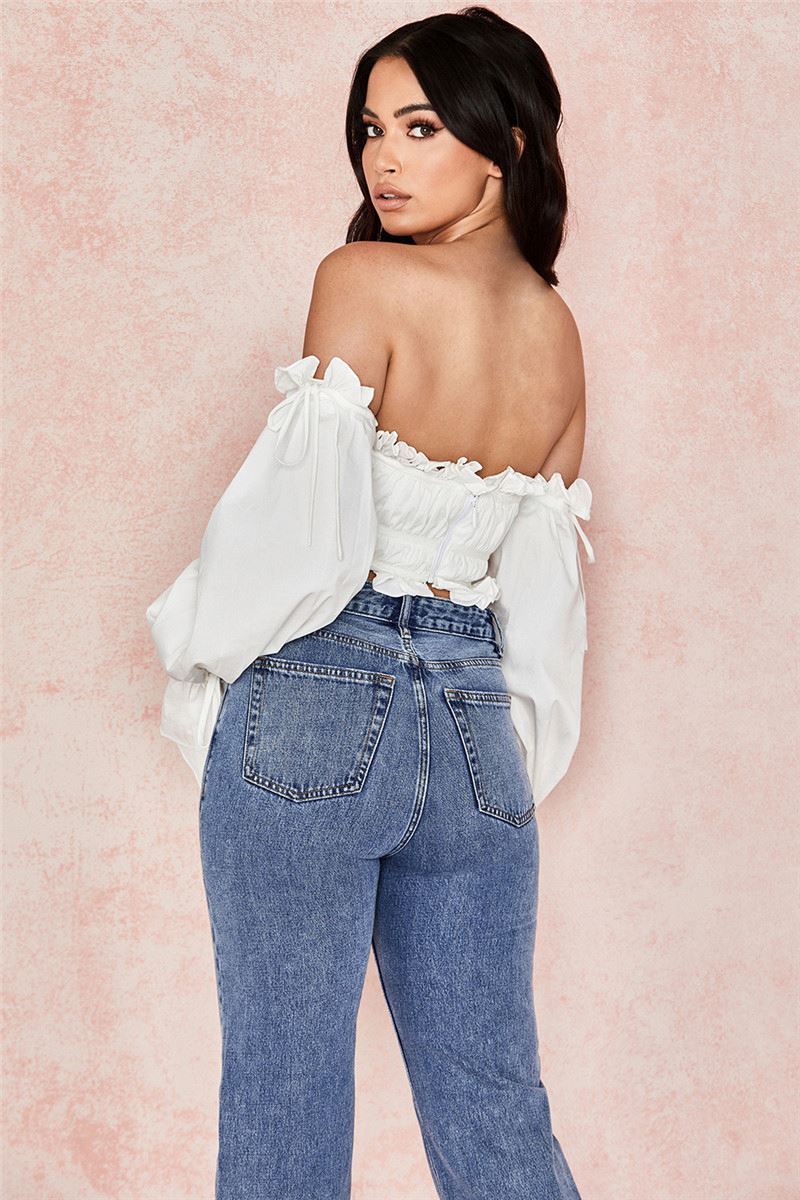 Ruffle Off Shoulder Strapless Zipper Ruched Women Blouse Long Sleeve Top Woman Shirt Top Blouse 2020 Women Blouses Tops 21-0018