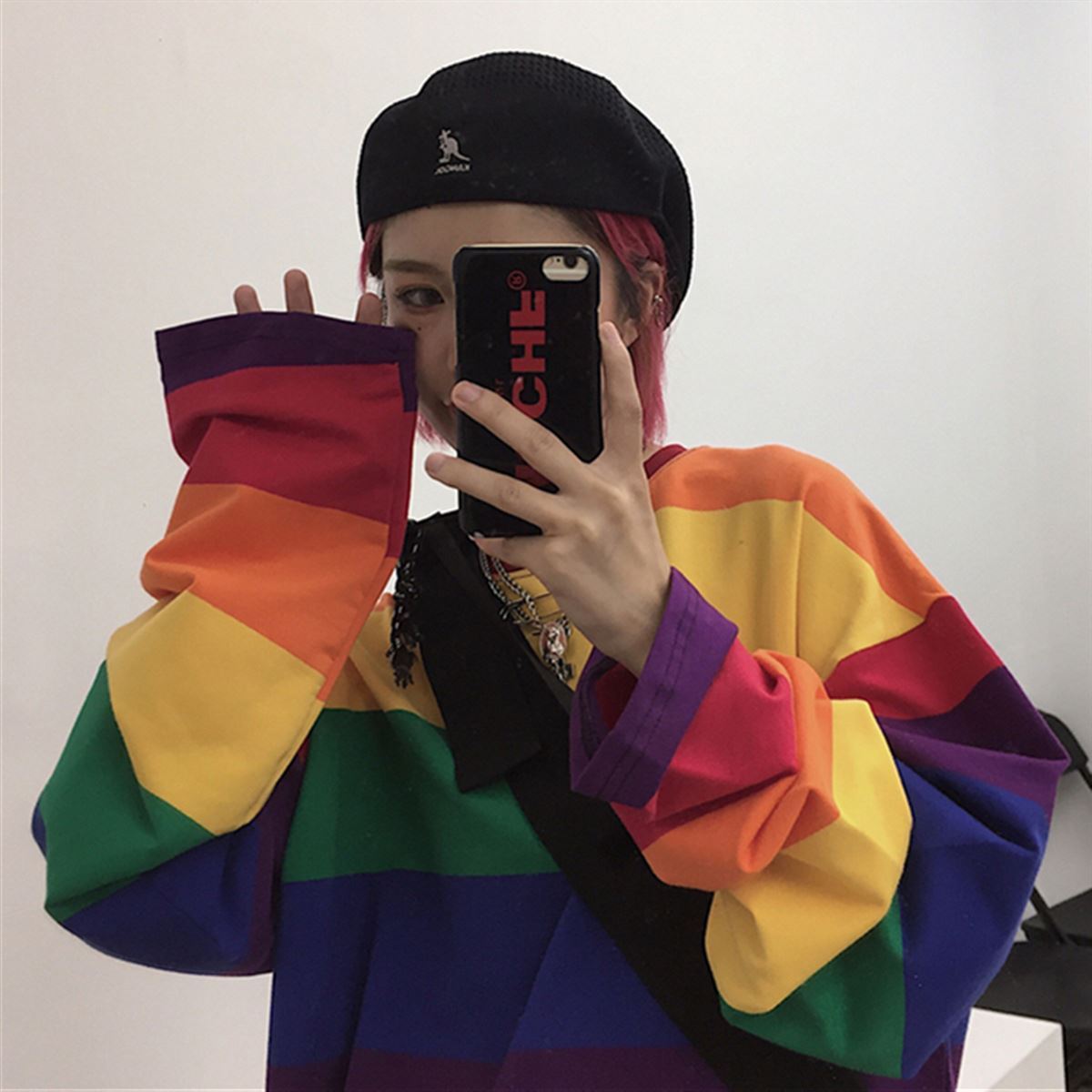 New Asian Korean Design Women Rainbow Stripe Printed Long Sleeve O-neck Loose T-shirt Blouse Tops Pullover Casual T-shirt