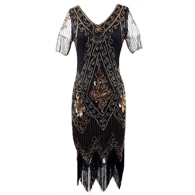 New Fashion Girls Retro Tassel Women's 1920s Dress Sequin Art Deco Flapper Dress Short Sleeve Slim Pencil Dress