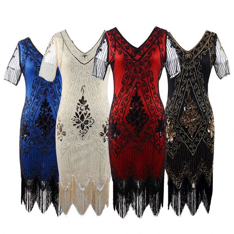 New Fashion Girls Retro Tassel Women's 1920s Dress Sequin Art Deco Flapper Dress Short Sleeve Slim Pencil Dress