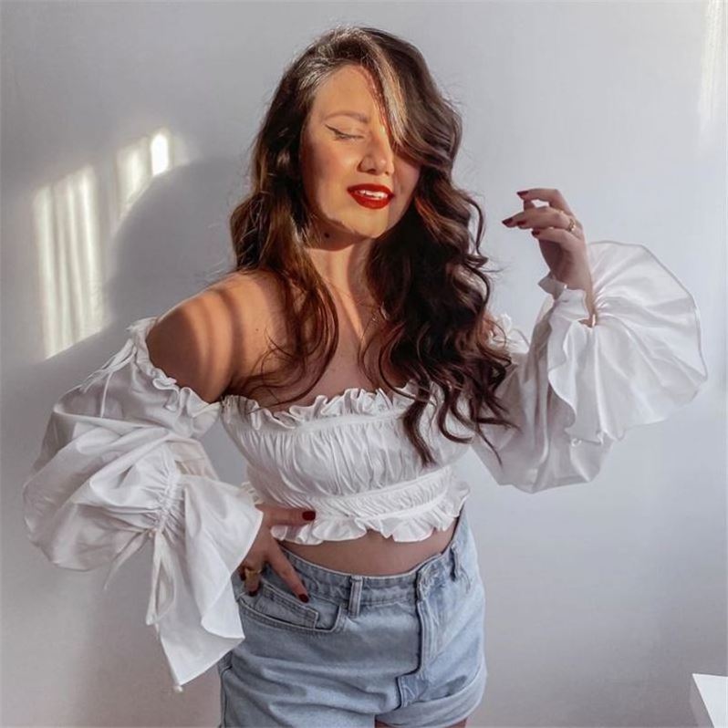 Ruffle Off Shoulder Strapless Zipper Ruched Women Blouse Long Sleeve Top Woman Shirt Top Blouse 2020 Women Blouses Tops 21-0018