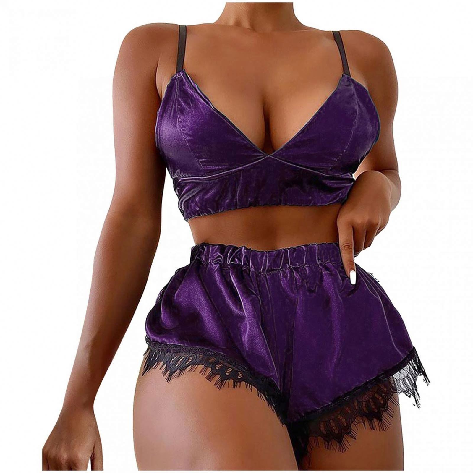 X2114 Custom Logo Sexy Lingerie 2pcs Lace Satin Bra shorts sets Mature Lounge wear sets Women's Sleepwear Nighty Sexy Bra Shorts