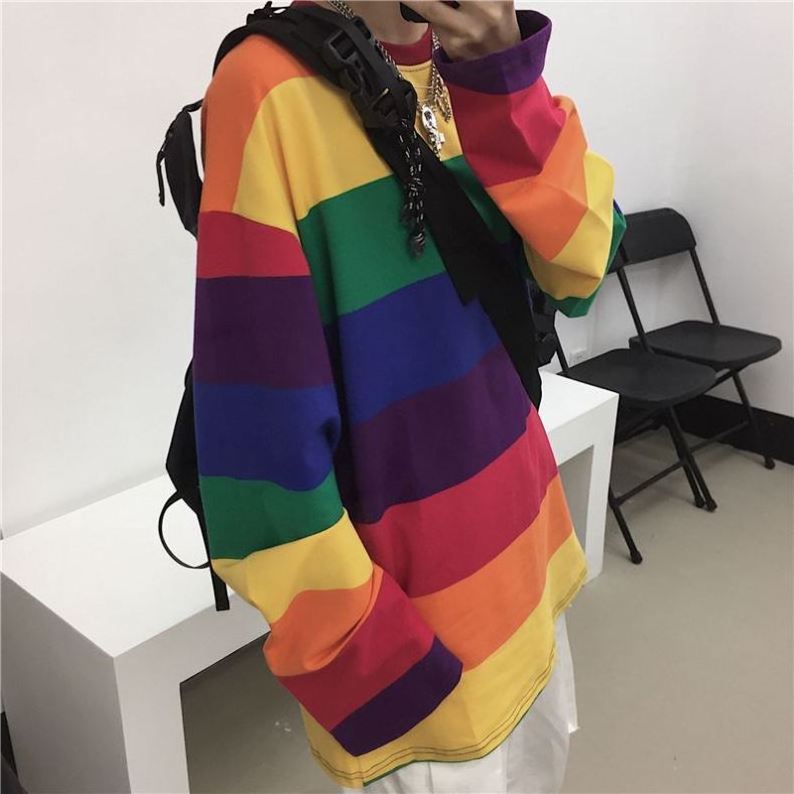 New Asian Korean Design Women Rainbow Stripe Printed Long Sleeve O-neck Loose T-shirt Blouse Tops Pullover Casual T-shirt