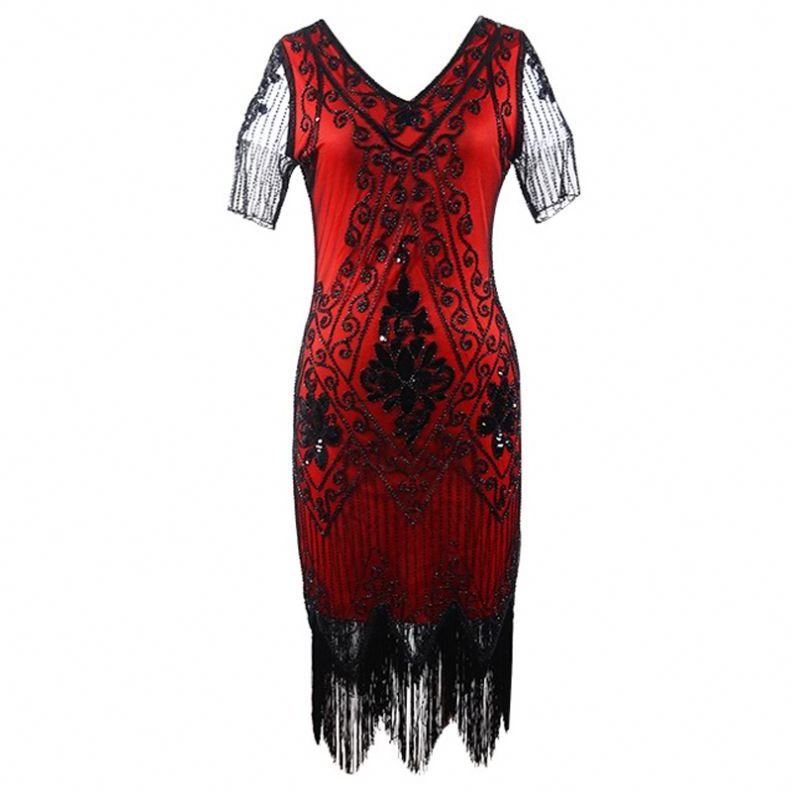 New Fashion Girls Retro Tassel Women's 1920s Dress Sequin Art Deco Flapper Dress Short Sleeve Slim Pencil Dress