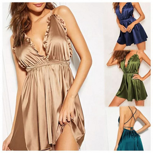 X1077 Soft satin nightdress for honeymoon mature deep V neck dress adjustable long tape women's sleepwear sexy lingerie 2022