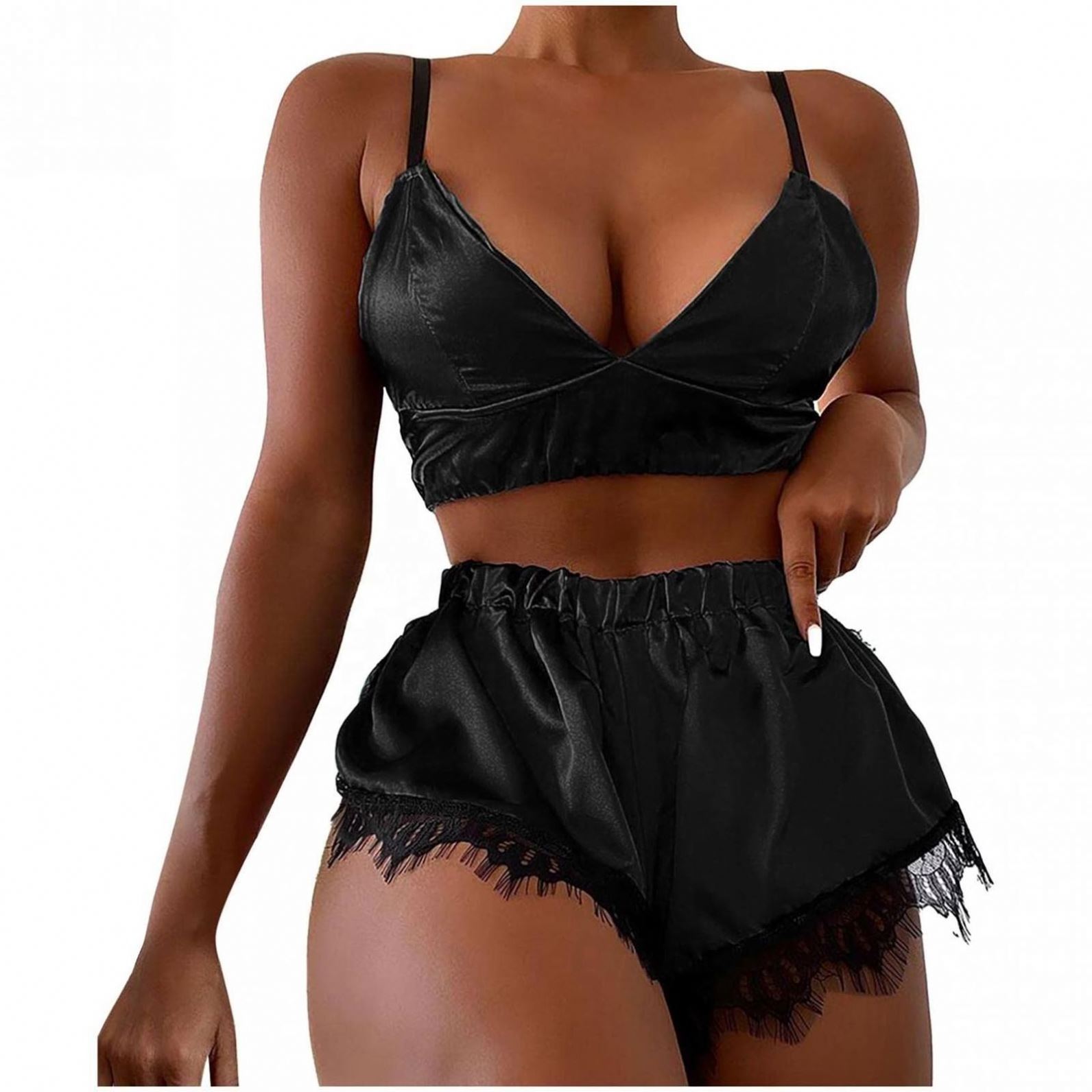 X2114 Custom Logo Sexy Lingerie 2pcs Lace Satin Bra shorts sets Mature Lounge wear sets Women's Sleepwear Nighty Sexy Bra Shorts