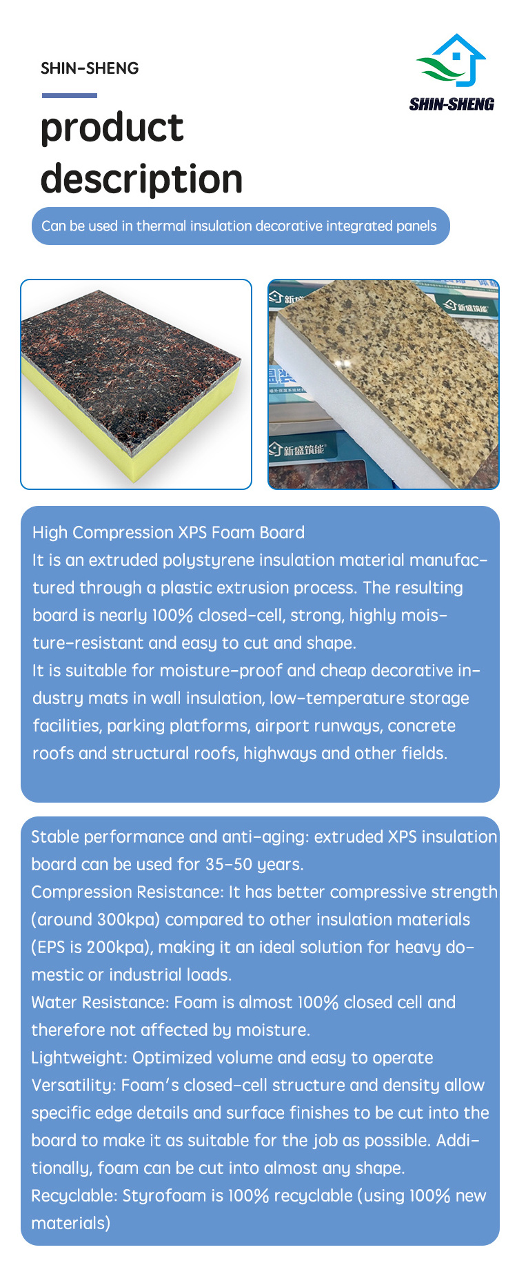 Extruded polystyrene XPS foam board  high-density polyurethane foam board xps wall panel