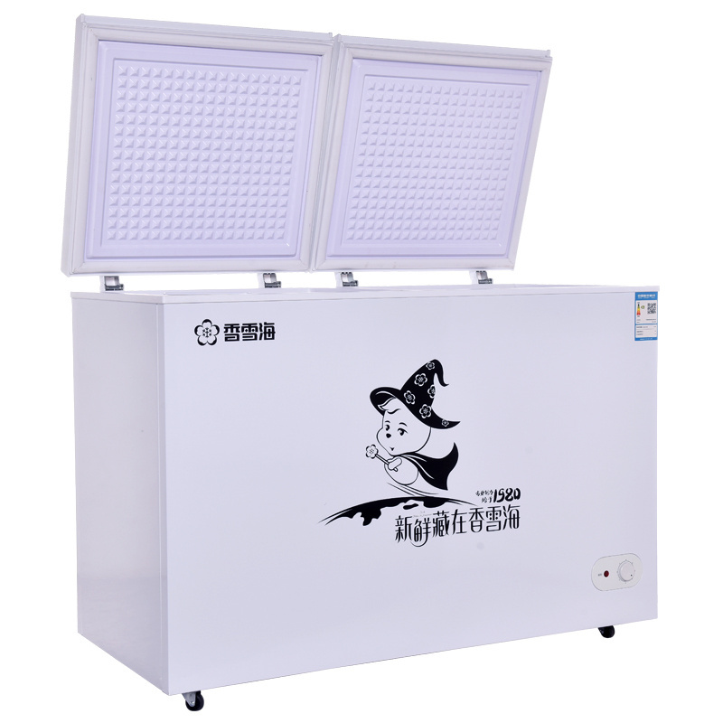 CE CB Approved BCD-418 Snowsea Fridge and Double temperature deep freezer Double Door Top Open Door chest gas freezer