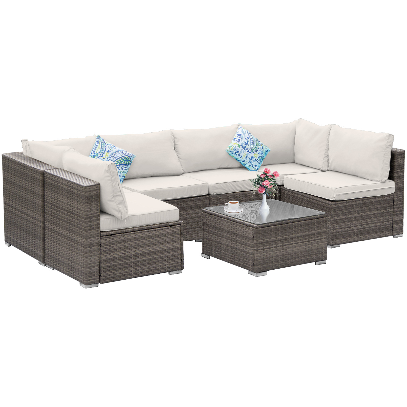 Deluxe 7-Piece Outdoor Wicker Sofa Set with Plush Cushions and Adjustable Feet