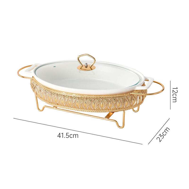 JIUWANG luxury oval ceramic soup pot  matte glazed candle heated pan with lid amphorae dry pan chafing dishes for catering