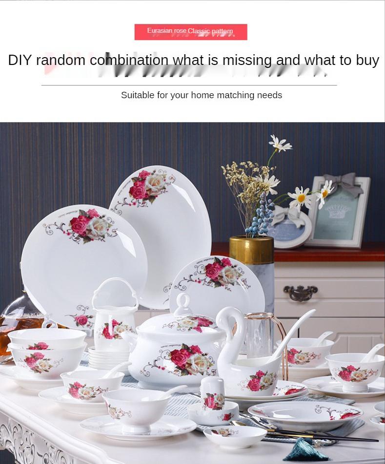 Manufacturer Wholesale Porcelain 56PCS New Design Fine Bone China Dinnerware Set for 6 People With Flower Decal luxury plates