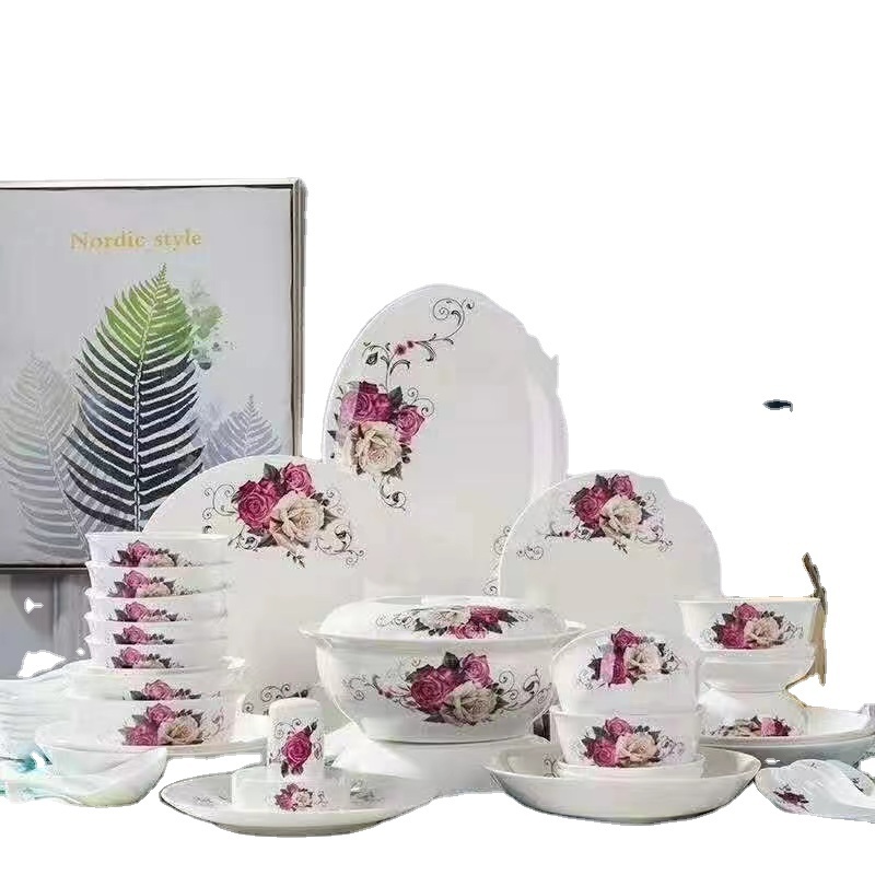 Manufacturer Wholesale Porcelain 56PCS New Design Fine Bone China Dinnerware Set for 6 People With Flower Decal luxury plates