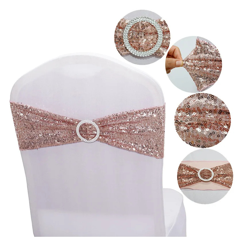 High quality wedding hotel decorated spandex gold sequin chair sash for party wedding