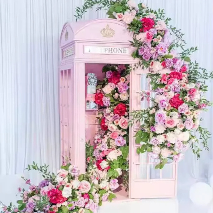 London Telephone Box Outdoor Custom Wedding Decoration  antique telephone booth Floral Metal British Pink Telephone Booth