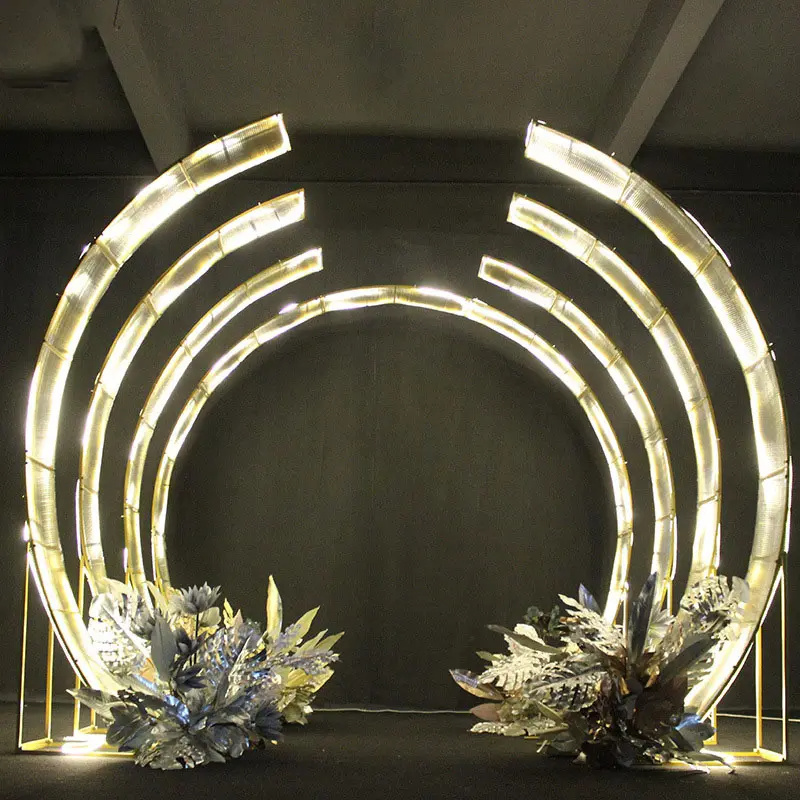 Wedding round arch frame gold tunnel flower LED light wedding arch for stage backdrop