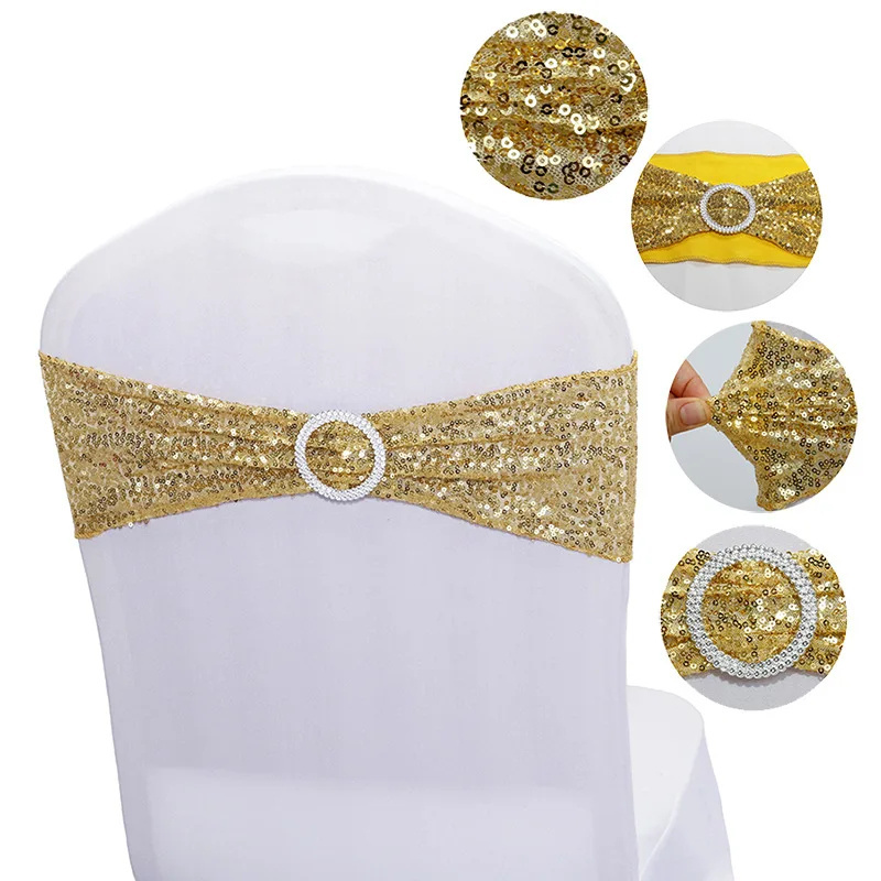 High quality wedding hotel decorated spandex gold sequin chair sash for party wedding