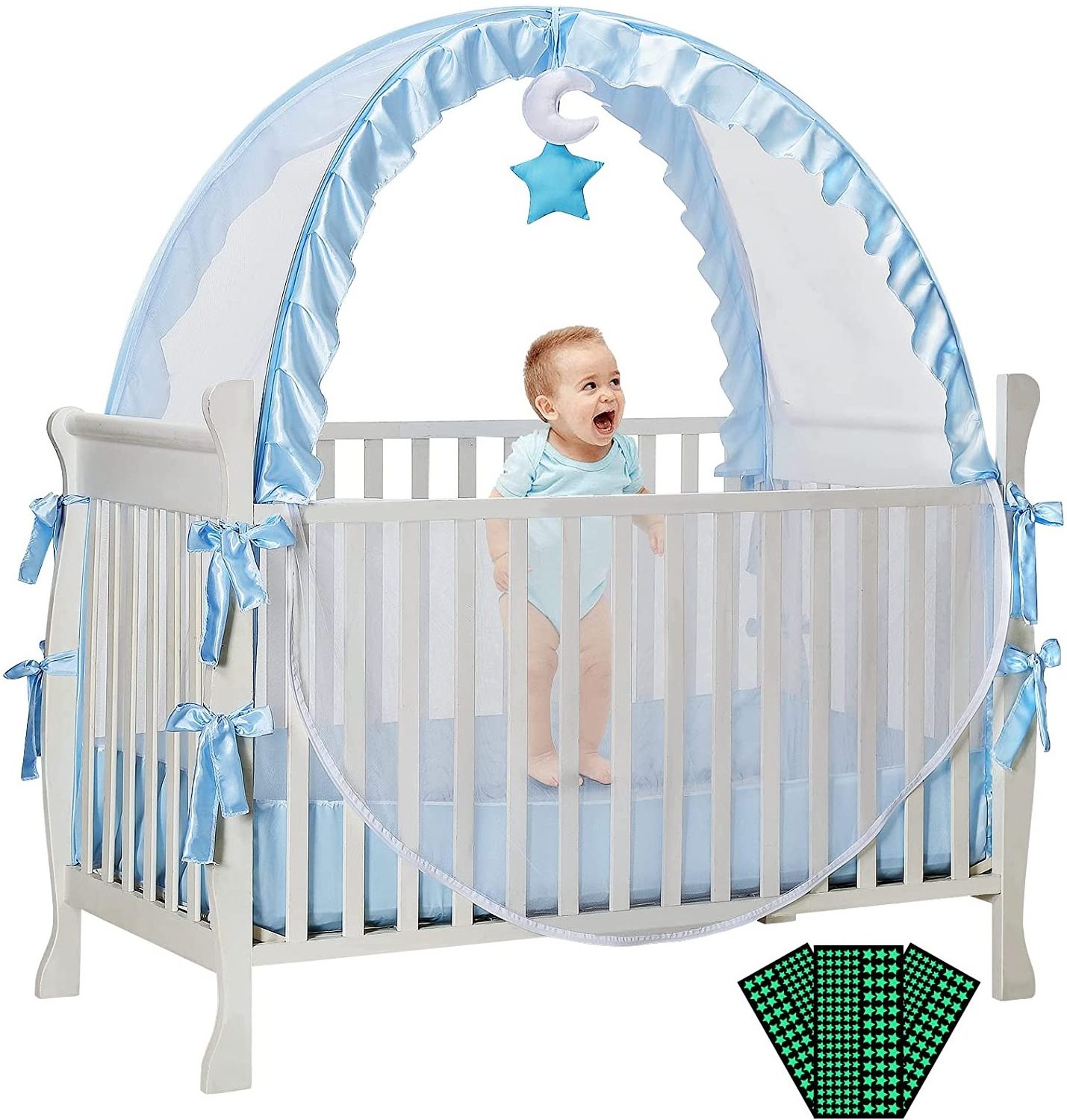 Upgraded Pop Up Crib Mosquito Net Tent to Keep Baby in See Through Mesh Crib Bed Canopy with Portable