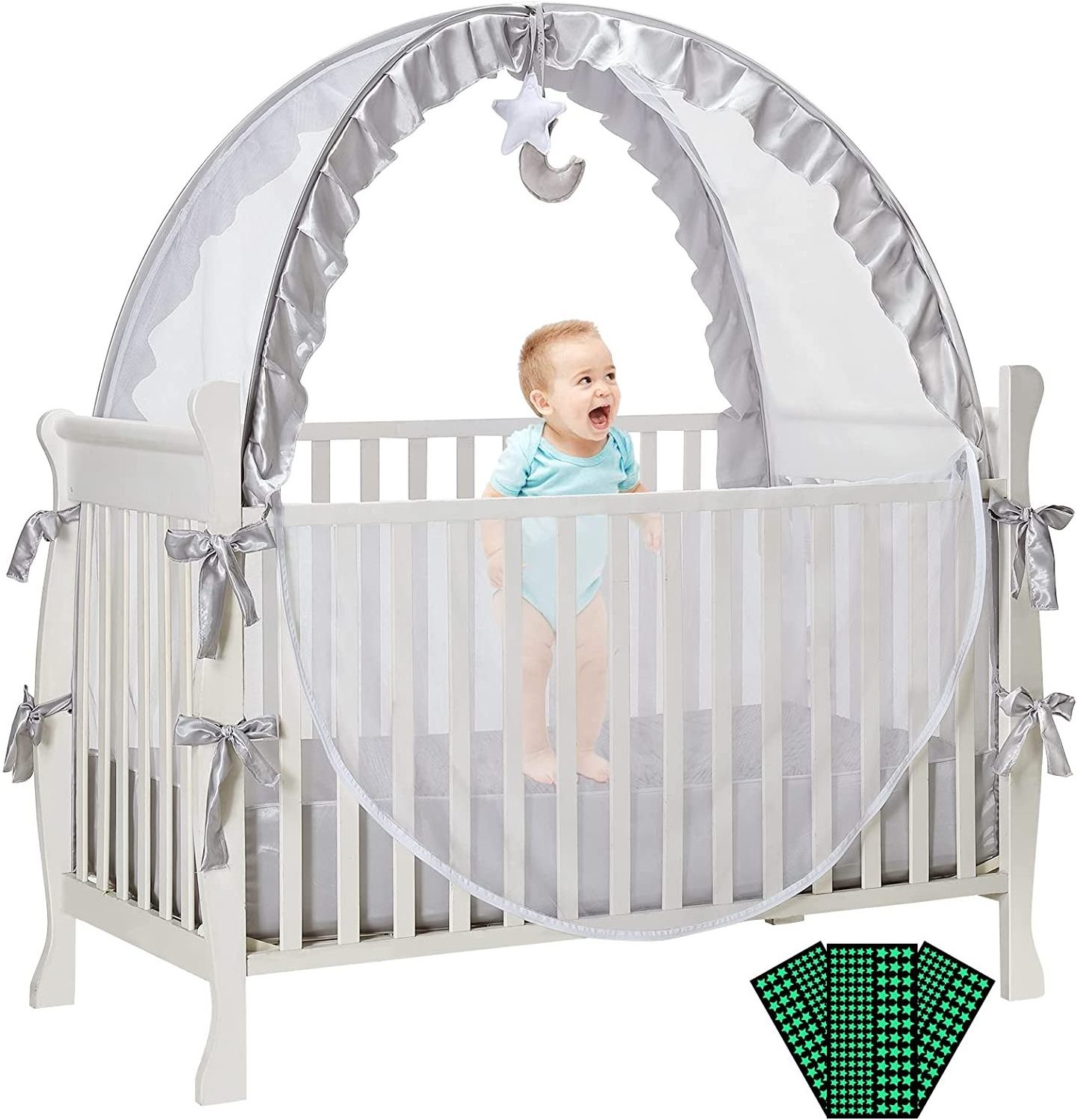 Upgraded Pop Up Crib Mosquito Net Tent to Keep Baby in See Through Mesh Crib Bed Canopy with Portable