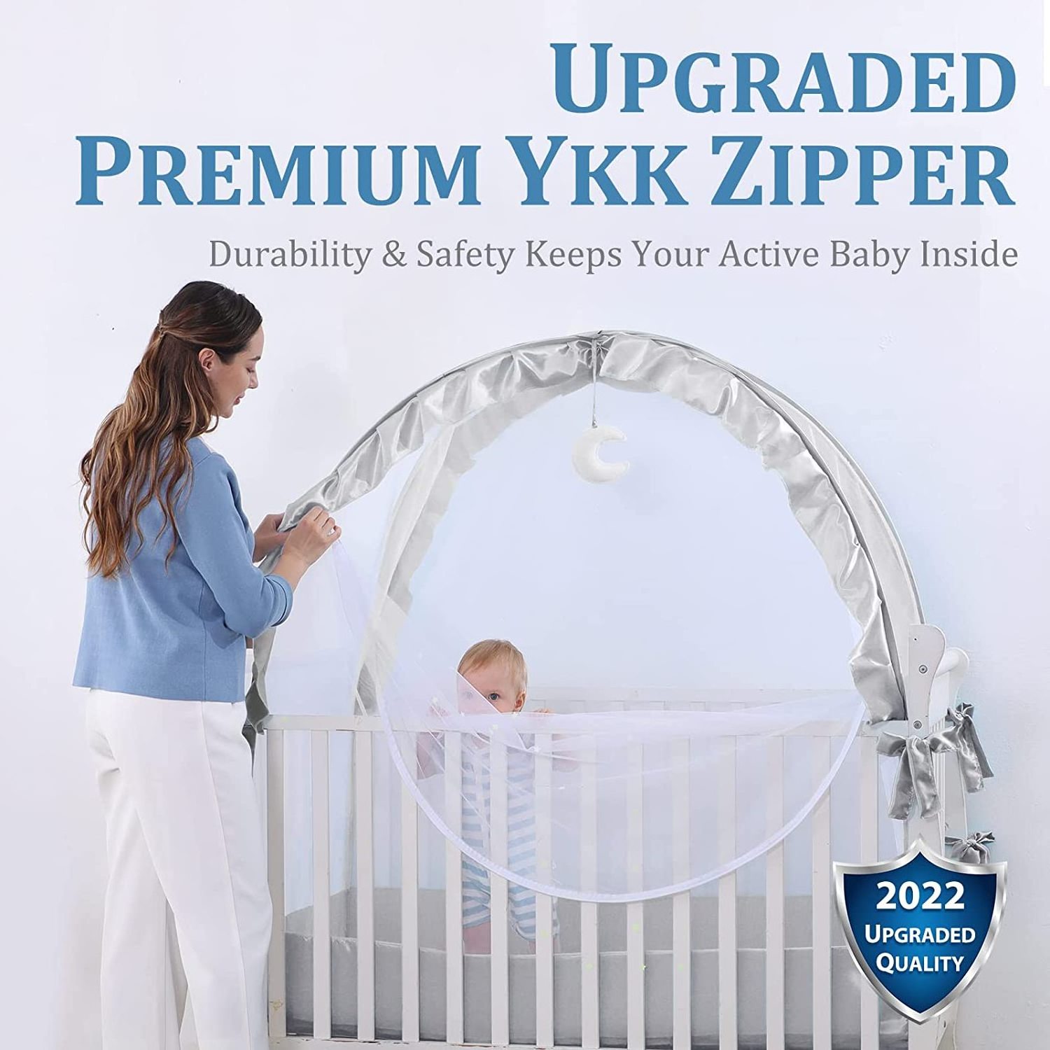 Upgraded Pop Up Crib Mosquito Net Tent to Keep Baby in See Through Mesh Crib Bed Canopy with Portable