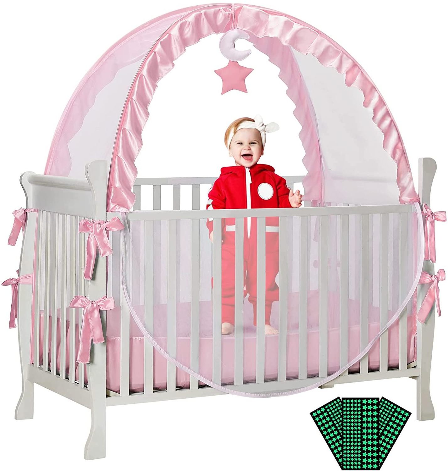 Upgraded Pop Up Crib Mosquito Net Tent to Keep Baby in See Through Mesh Crib Bed Canopy with Portable