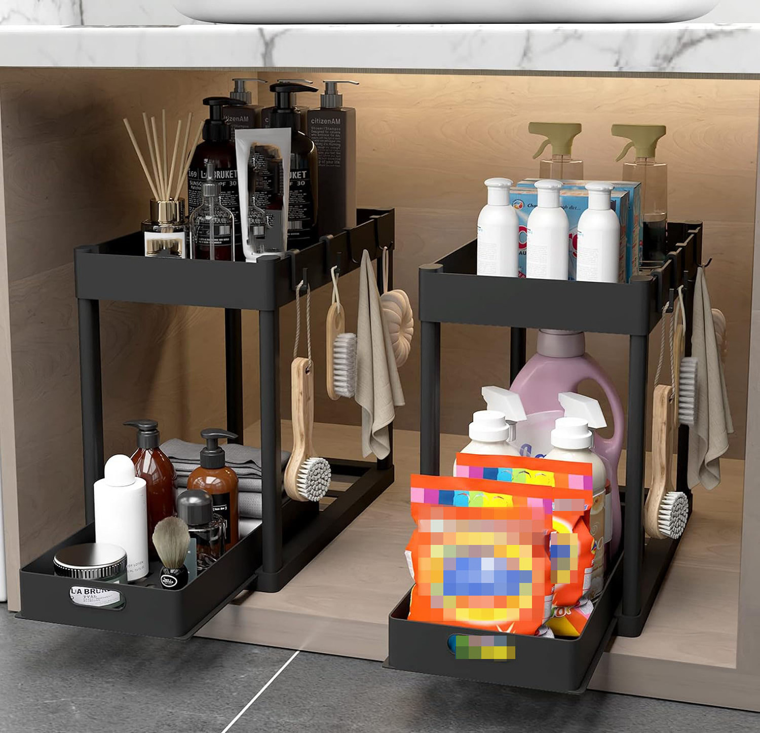 Multipurpose Under Sink Organizers, Sliding Kitchen Storage Pull Out Double Shelf Drawer for Bathroom Counter Cabinets