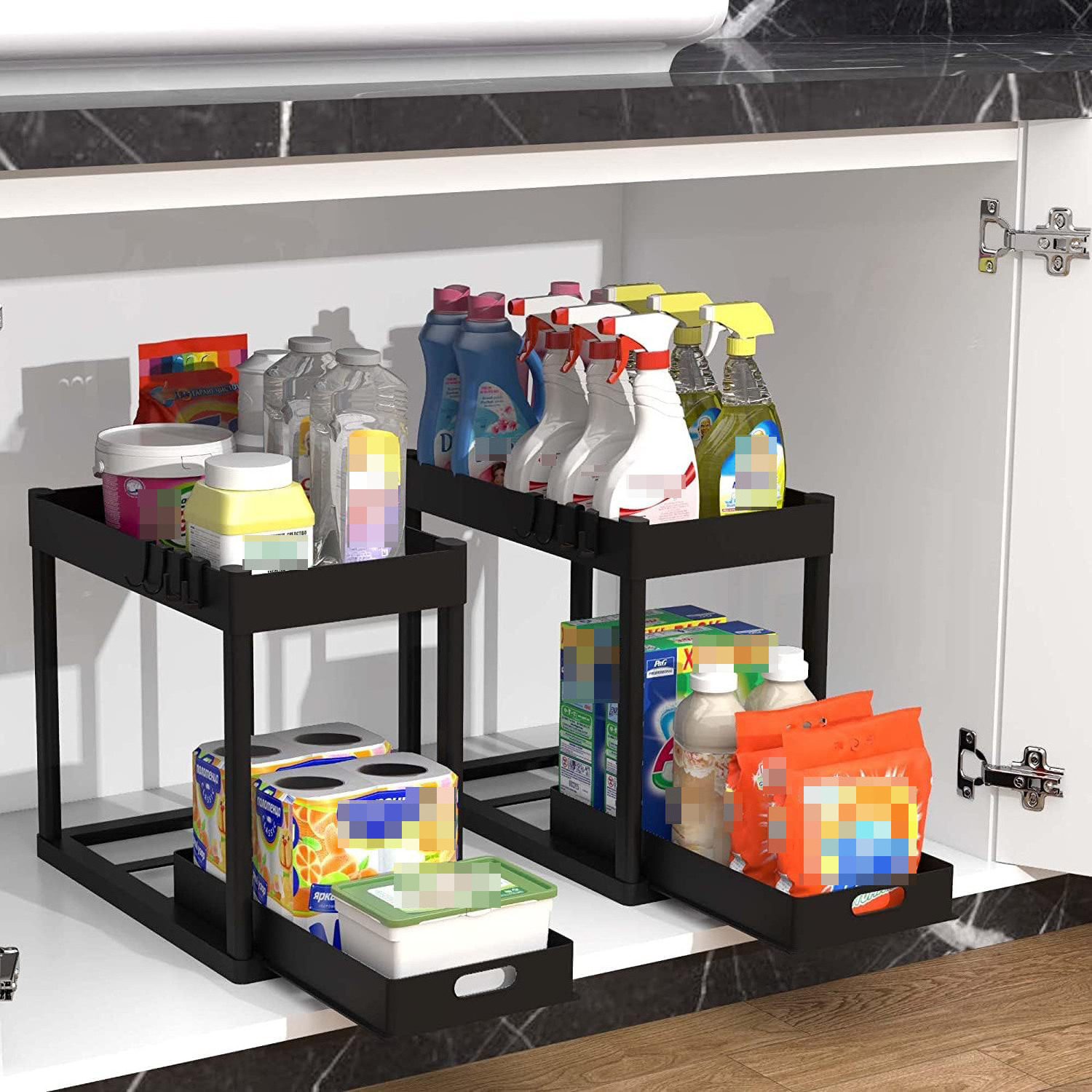 Hot sale 2 Tier Sliding Bathroom organizer Storage Shelf for Kitchen Under Sink Cabinet Organizer with Hooks Hanging Cup