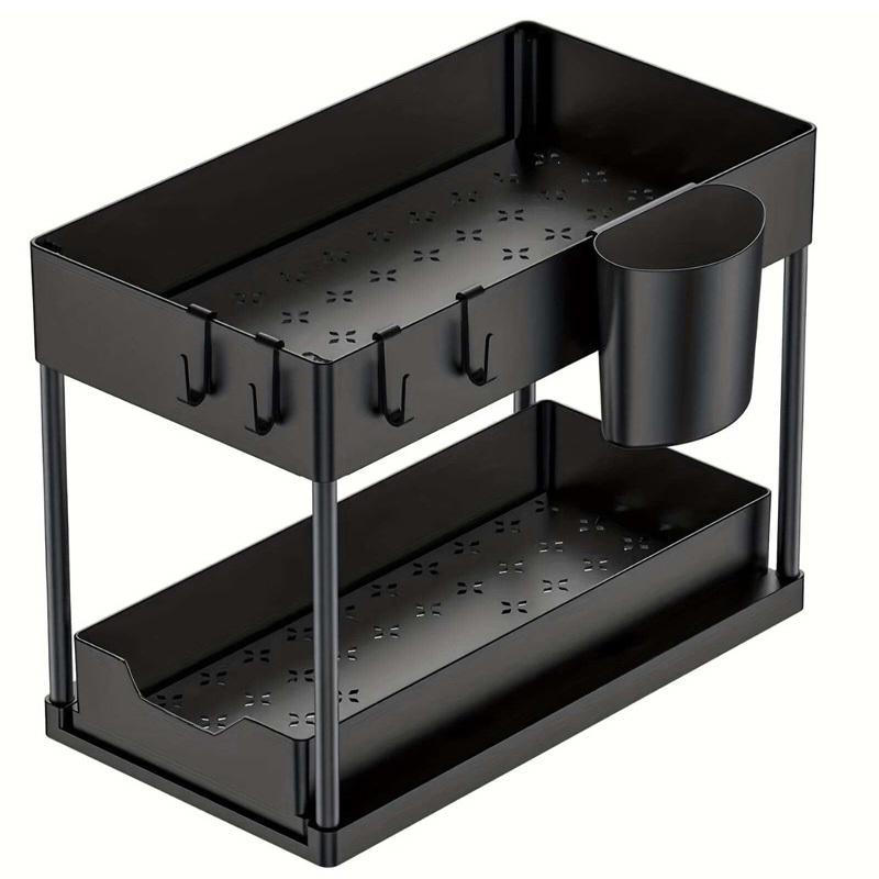 Hot sale 2 Tier Sliding Bathroom organizer Storage Shelf for Kitchen Under Sink Cabinet Organizer with Hooks Hanging Cup