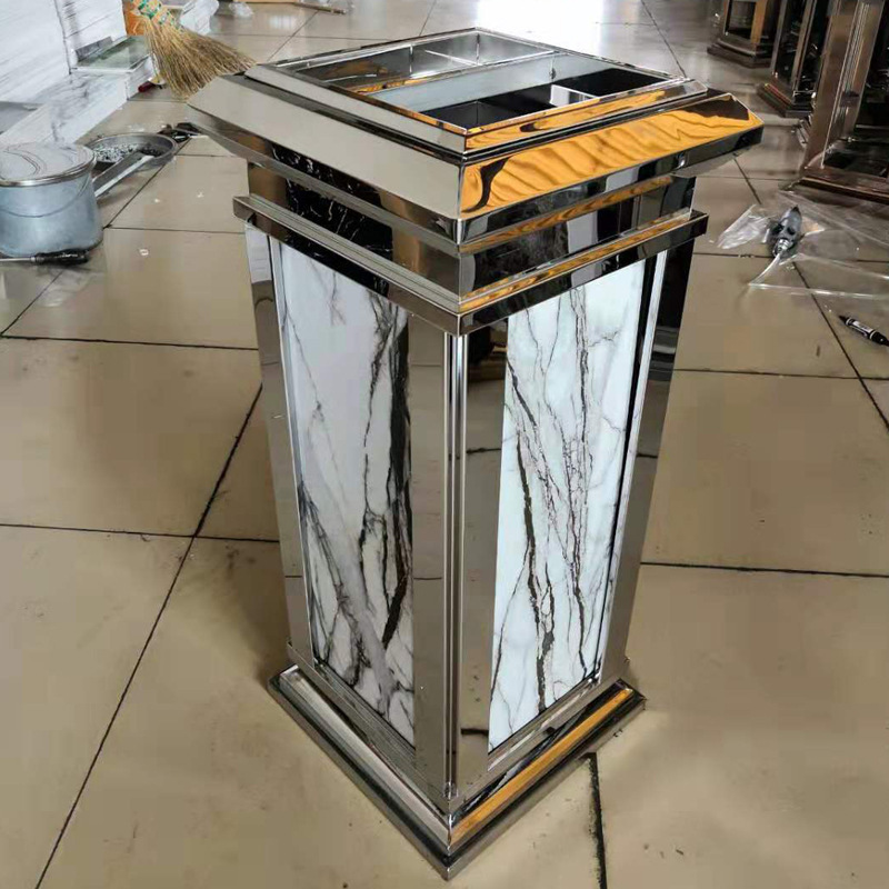 Hotel elevator entrance large marble stainless steel trash can with ashtray