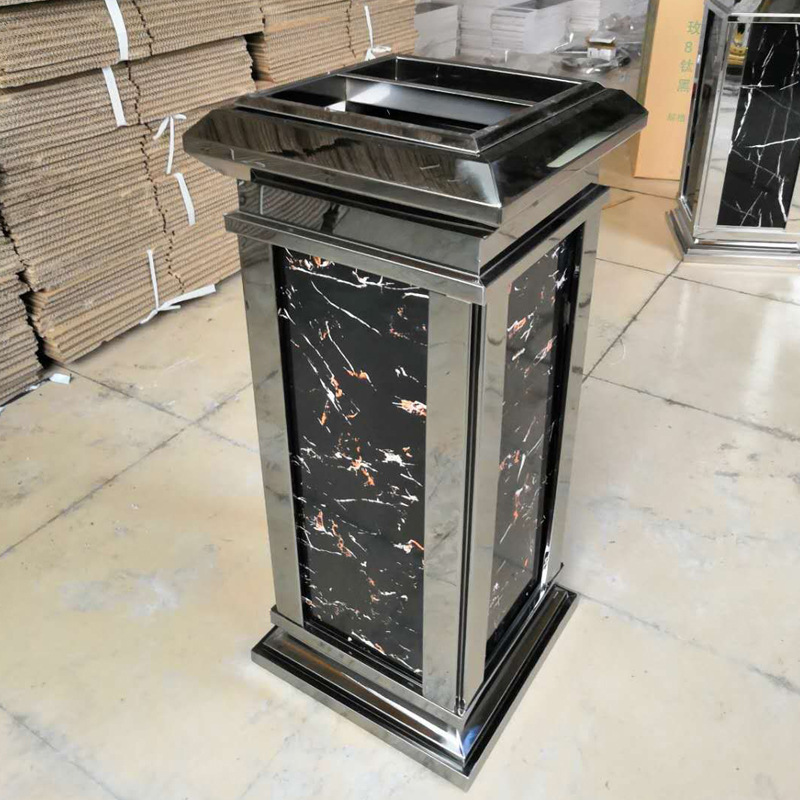 Hotel elevator entrance large marble stainless steel trash can with ashtray