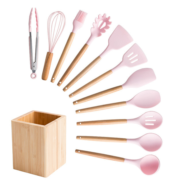 Reusable Adaptive Silicon Cooking Skimmer Stainless Steel Wood Tools Pink Camping 12 Pcs Silicone Kitchen Utensil Set